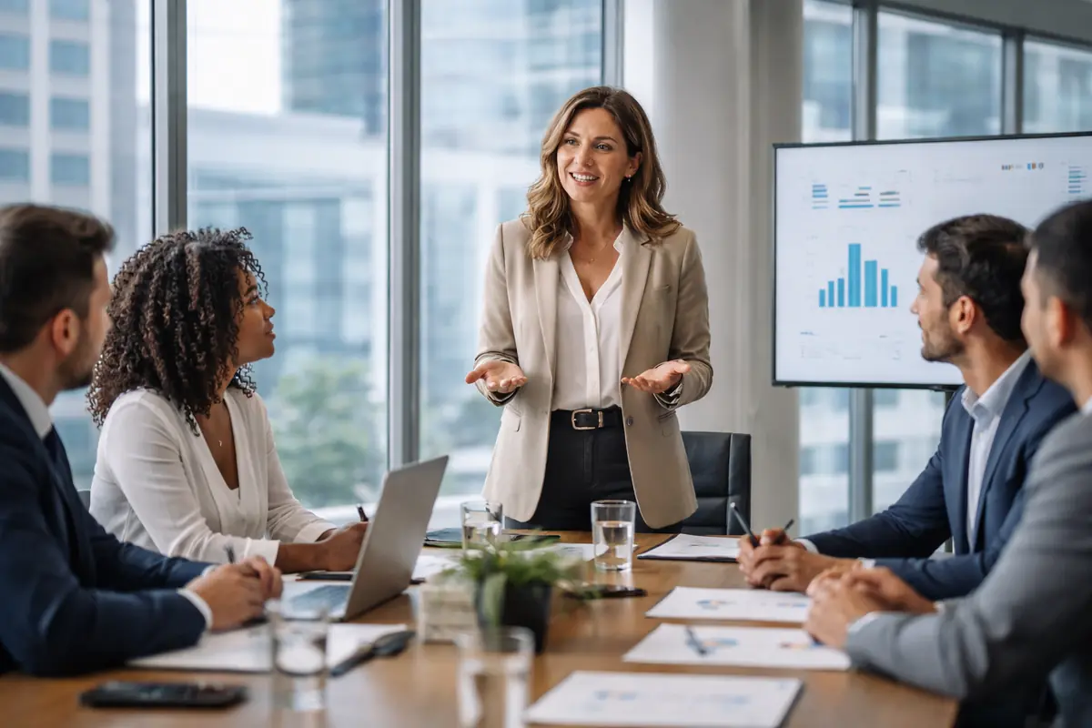 Riunione professionale in sala moderna tenuta da una donna