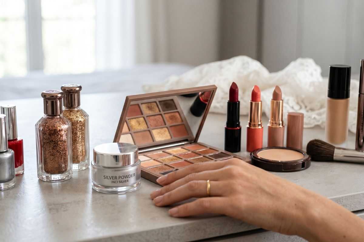 Flat lay trucchi cosmetici minimalisti clean beauty