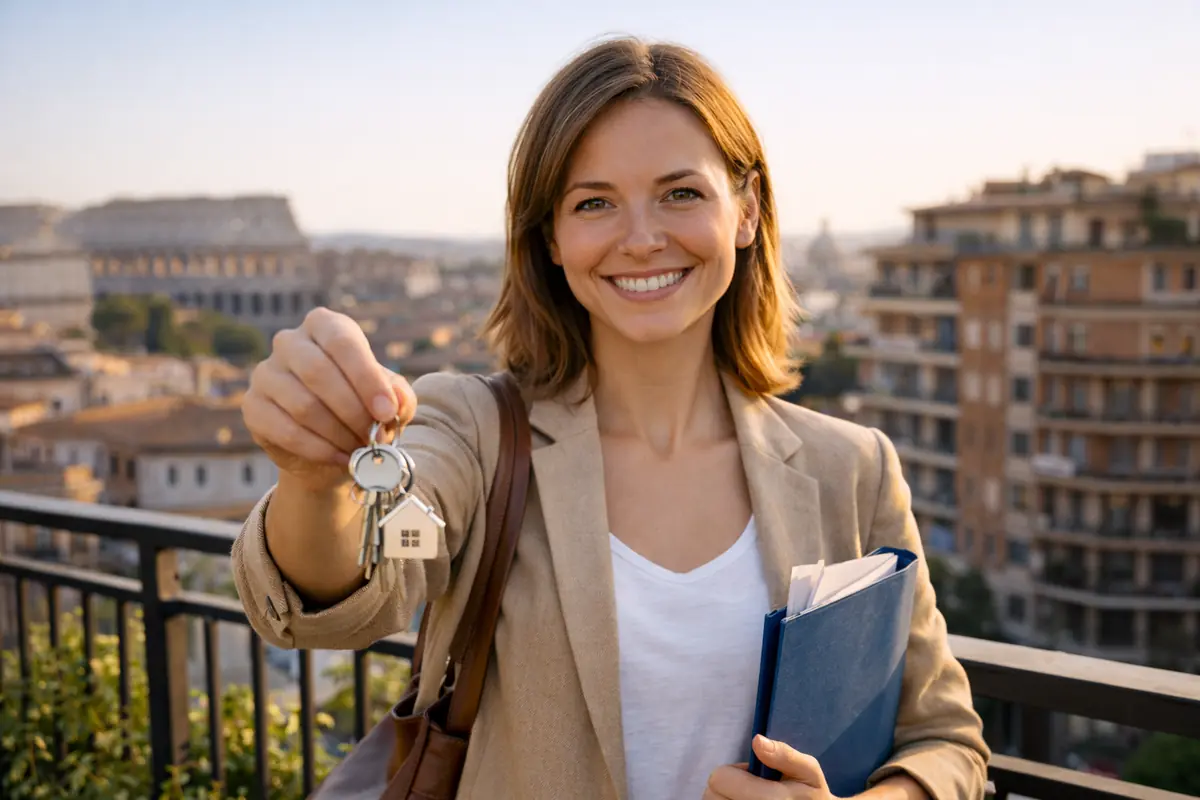 Donna single mostra le chiavi di casa dopo un acquisto immobiliare a Roma