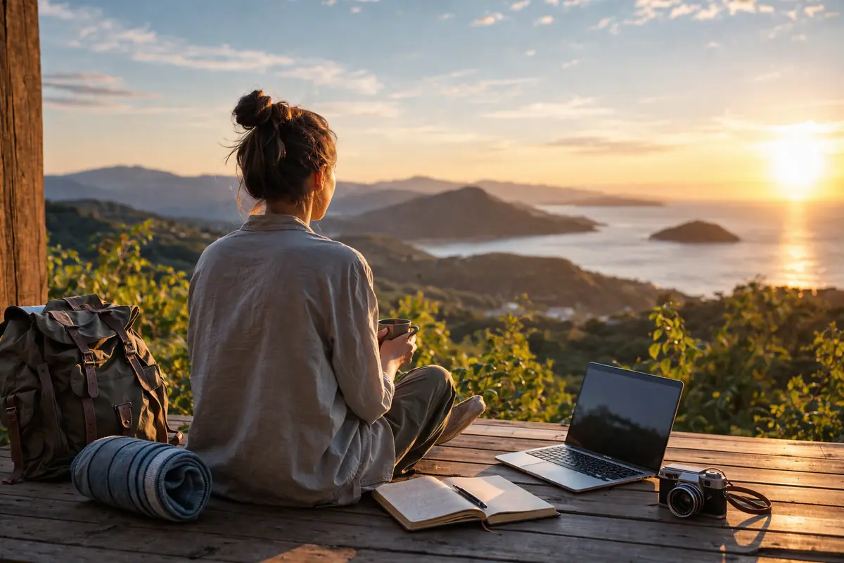 donna seduta all’aperto con laptop e taccuino mentre si gode una pausa dal lavoro con vista panoramica