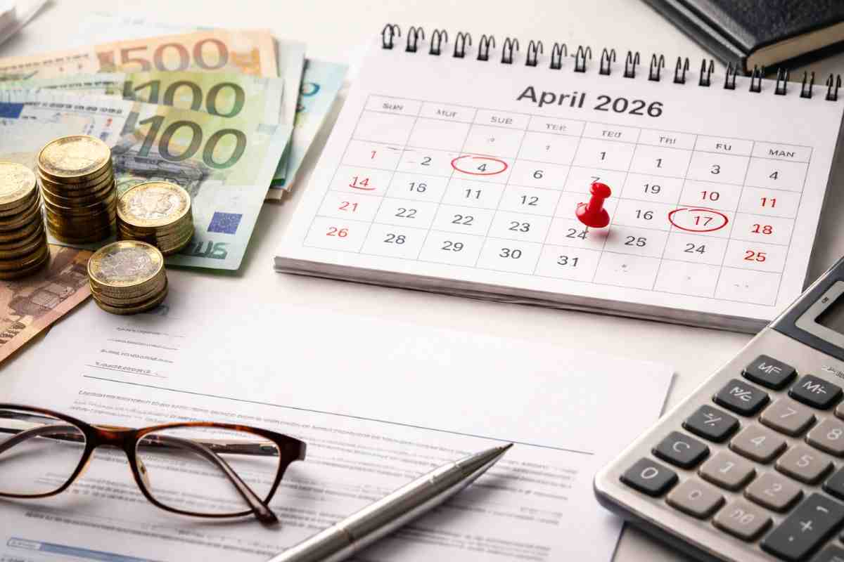 Calendario di aprile 2026 con evidenziate le date del pagamento dell'Assegno Unico INPS, banconote, monete e calcolatrice su un tavolo da ufficio.